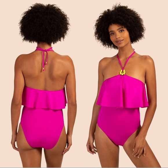 Trina Turk • halter high neck swimsuit one piece orchid flounce fuchsia pink - Picture 14 of 14
